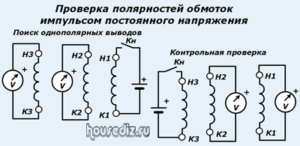 Проверка полярностей обмоток импульсом постоянного напряжения Проверка полярностей обмоток импульсом постоянного напряжения