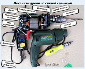 Механизм дрели со снятой крышкой