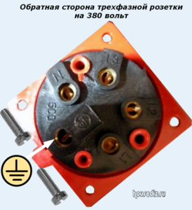 Обратная сторона трехфазной розетки на 380 вольт Обратная сторона трехфазной розетки на 380 вольт