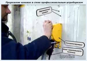 Прорезание канавок в стене профессиональным штроборезом