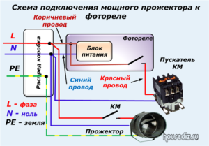 Схема подключения мощного прожектора к фотореле