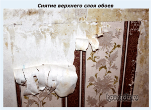 Снятие верхнего слоя обоев Снятие верхнего слоя обоев