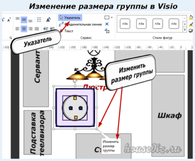 Изменение размера группы в Visio