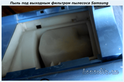 Пыль под выходным фильтром пылесоса Samsung Пыль под выходным фильтром пылесоса Samsung
