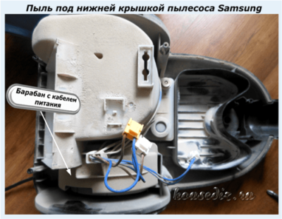 Пыль под нижней крышкой пылесоса Samsung Пыль под нижней крышкой пылесоса Samsung