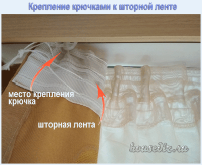 крепление крючками к шторной ленте